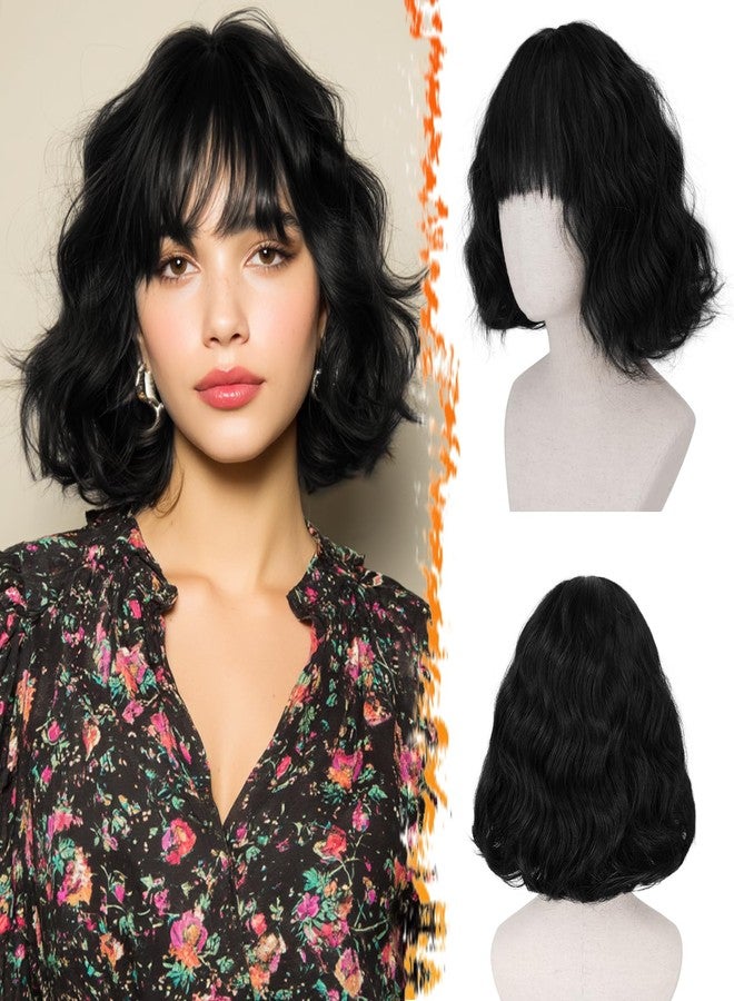BARSDAR Short Wavy Black Wig with Bangs - Short Black Wavy Wigs for Women - Soft Synthetic Textured Curly Chic French Bob Wig with Face-Framing Bangs Natural Looking Daily Party Halloween - Image 1